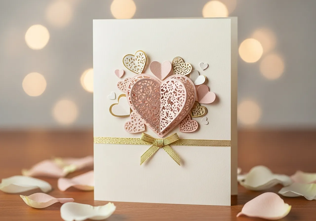 Elegant wedding card with romantic papercraft hearts