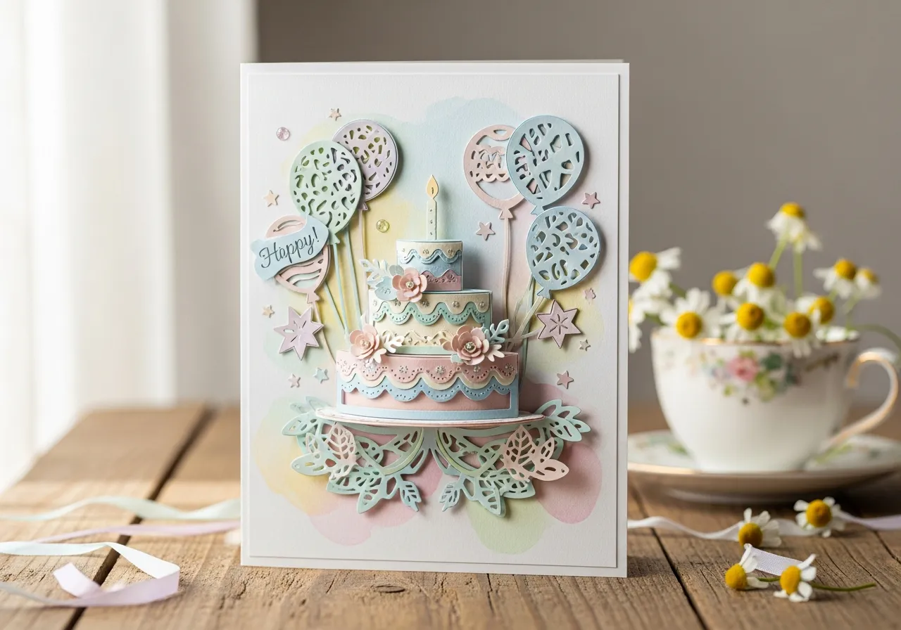Handmade birthday card featuring multi-layered papercraft in soft pastel shades